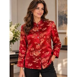Vintage Yi Lin Red Satin Jacquard Nehru Collar Jacket~Sz L~Asian Floral Tailored